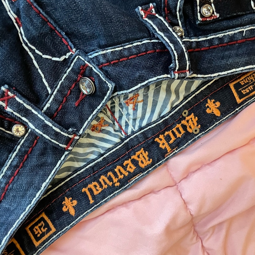 Buckle Skinny Blue and Red Jeans with Contrast Stitching